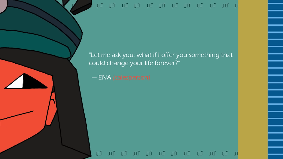 Ena, a polygonal woman with short black hair and a green hat, stands smiling at the far left edge of the screen, showing only the red half of her face. She is quoted as saying; 'Let me ask you: what if I offer you something that could change your life forever?'