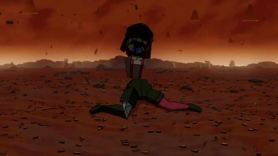 Ena, a polygonal woman in a green work uniform, sits crumpled in an apocalyptic wasteland. Her face is green and falling apart to the point where she is barely recognizable, and she is missing her arms.