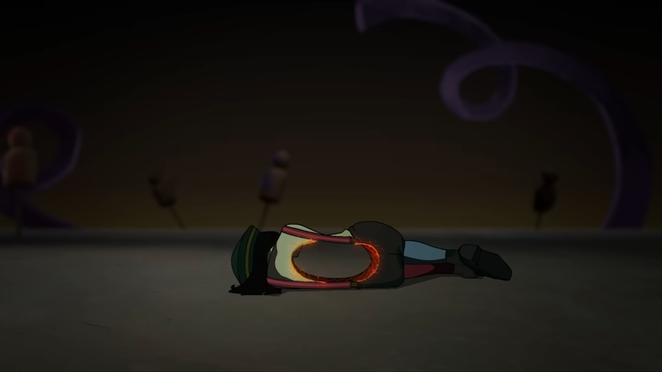 Ena, a woman (no longer polygonal) in a green work uniform, lies in fetal position with her back turned toward the viewer. There is a huge hole burnt through her entire torso.