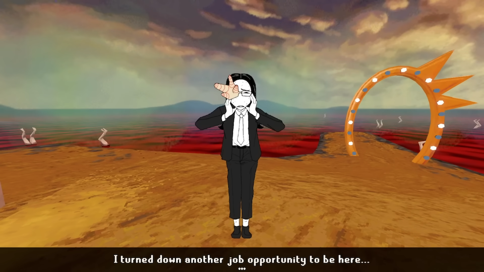 Coral Glasses, a woman in a black suit with coral growing out of her right eye, stands with a worried expression on orange sand next to a blood-red sea. She says: 'I turned down another job opportunity to be here...'