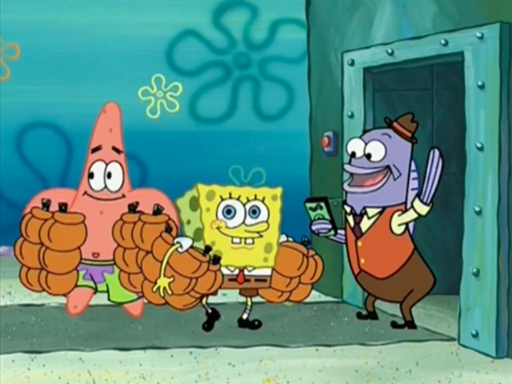 A screenshot of an episode of SpongeBob Squarepants. SpongeBob and Patrick hold armfuls of orange bags as they walk away from the Salesman, a purple fish in an orange suit and hat. The Salesman, holding a wad of their cash, smiles and waves as they leave.