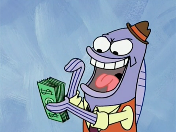 A screenshot from an episode of SpongeBob SquarePants. The Salesman, a purple fish in an orange suit and hat, laughs evilly as he counts a wad of cash in his hands.