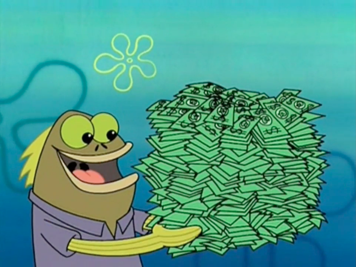 A screenshot from an episode of SpongeBob SquarePants. Tom, a greenish-brown fish in a purple shirt, holds a large pile of money in his hands. He has a friendly expression on his face.