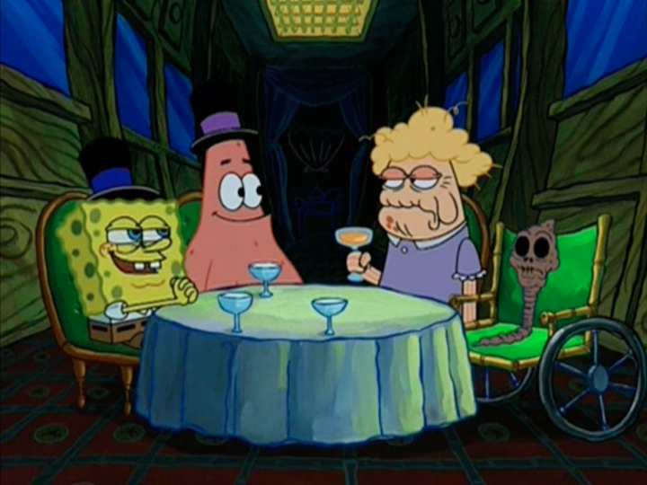 A screenshot from an episode of SpongeBob SquarePants. SpongeBob and Patrick sit at a table in a fancy restaurant, each wearing top hats. Sitting across from them are their dates, an old lady in a purple dress and her even older mother, a shriveled literal worm in a green wheelchair.