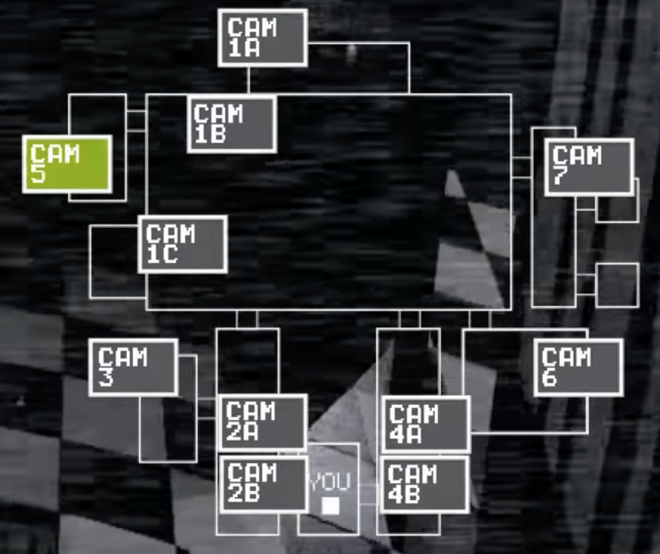 A simplified map of the pizzeria's cameras as shown in the security cameras' heads-up display. Camera 1B is highlighted in green, signifying that it's currently being viewed. The player is also marked on the map, though while there are cameras just outside of their location, there are notably none inside.