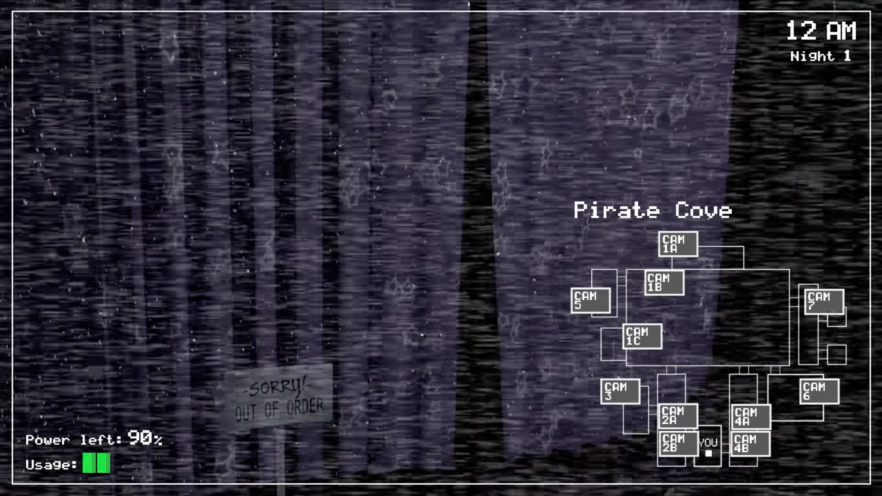 In-game security camera footage of Pirate Cove, which shows only a purple star-patterned curtain and a sign saying 'Sorry! Out of order.'