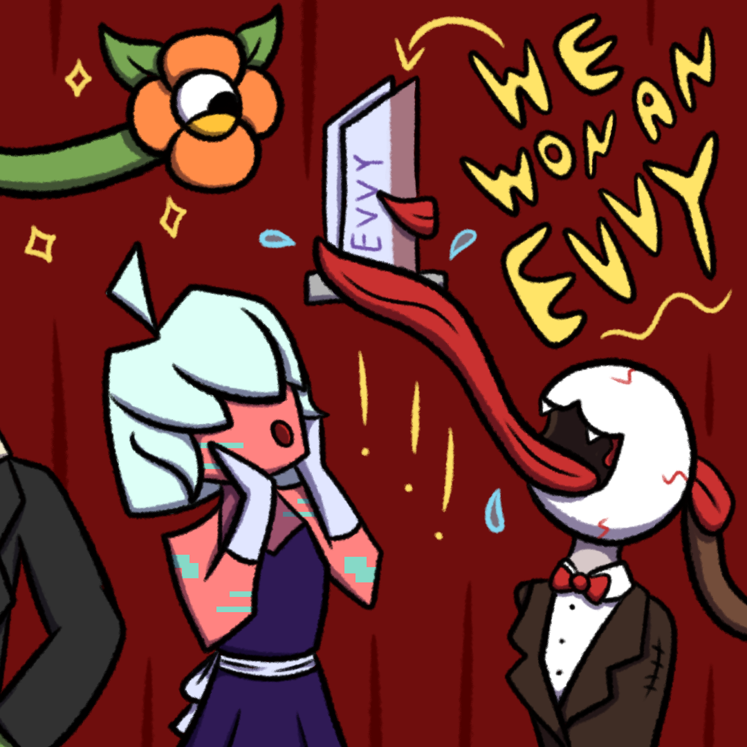 A cartoony illustration of three monsters on stage. The one on the right, wearing a brown suit, has an eyeball for a head and a long prehensile tongue, which she uses to hold an angular purple trophy high above her head. The one in the middle, wearing a purple formal dress, is glitchy and polygonal, and she looks up at the trophy in awe. The one on the left, wearing a gray suit, is plant-like, and stands with his hands on his hips, looking at the trophy with pride. Yellow bubble letters pointing at the trophy read 'We won an EVVY.'