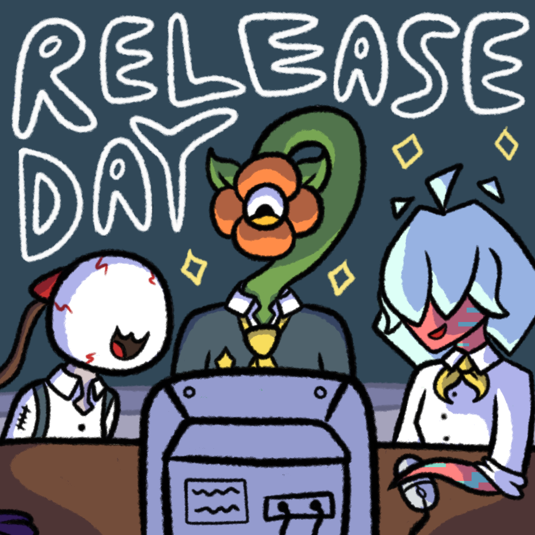 A cartoony illustration of three monsters in teal school uniforms excitedly watching something on an old desktop computer. The one on the right has an eyeball for a head, the one in the middle is plant-like, and the one on the right is glitchy and polygonal. The chalkboard behind them reads 'Release day' in white bubble letters.